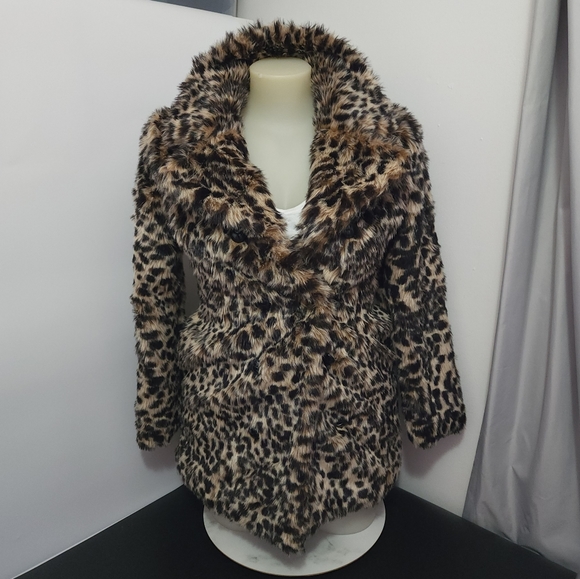 Aus12 Alice & You Faux Fur Leopard Print Collared Coat Jacket - Picture 16 of 16